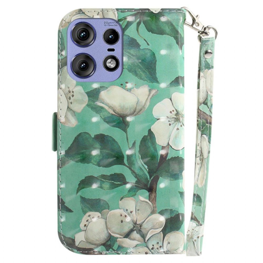 Flip Case Leren Motorola Edge 50 Pro Witte Bloemen Met Riem