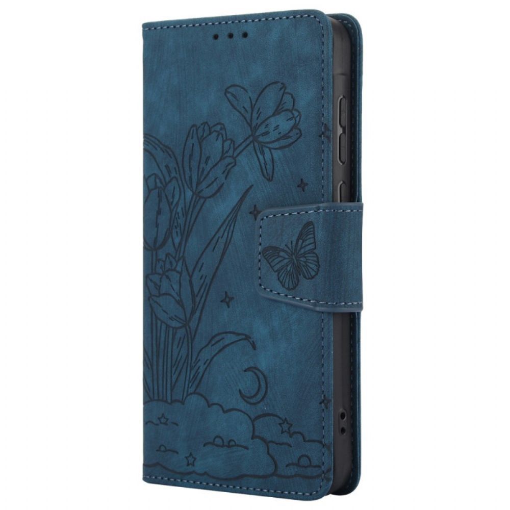 Leren Hoesje Voor Motorola Edge 50 Pro Bandje Met Bloemenprint