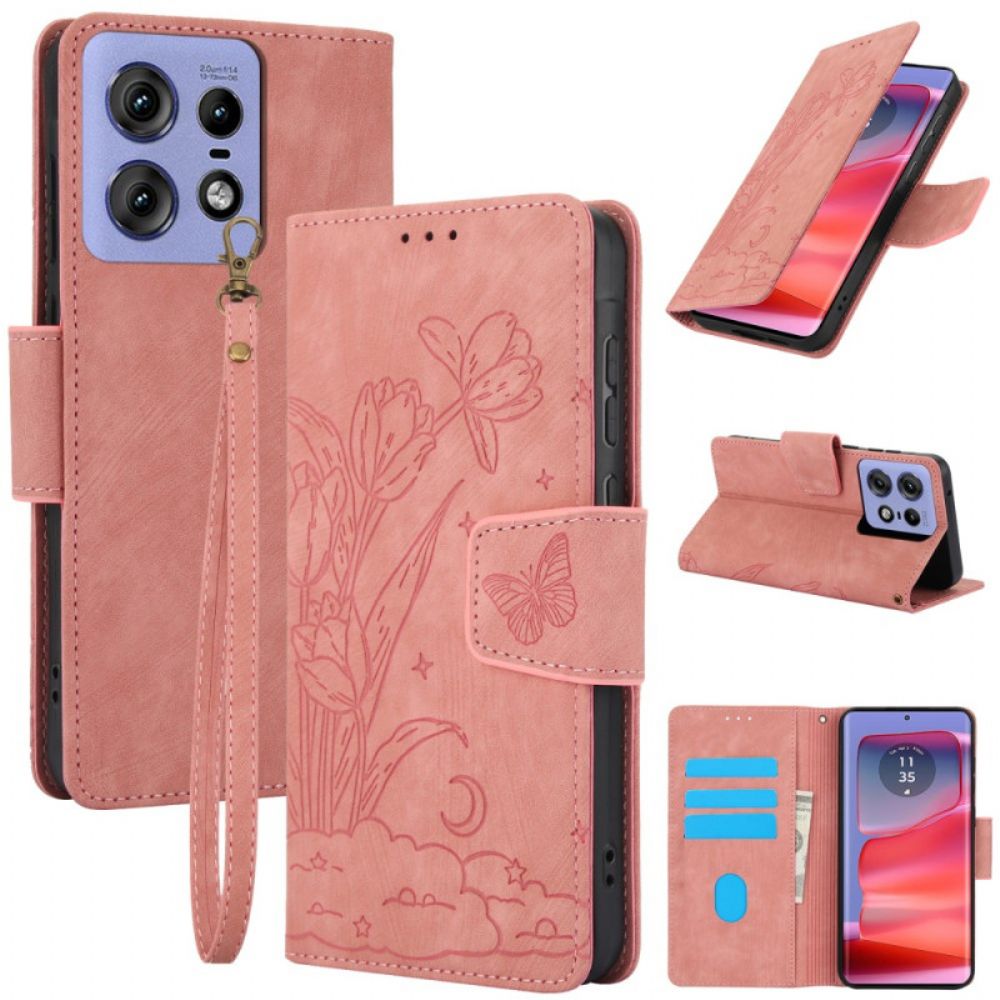 Leren Hoesje Voor Motorola Edge 50 Pro Bandje Met Bloemenprint