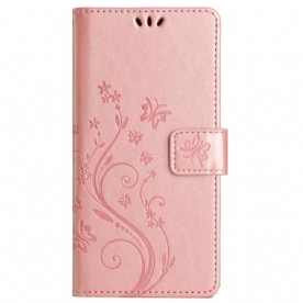 Leren Hoesje Voor Motorola Edge 50 Pro Vlinders En Bloemen Met Riem