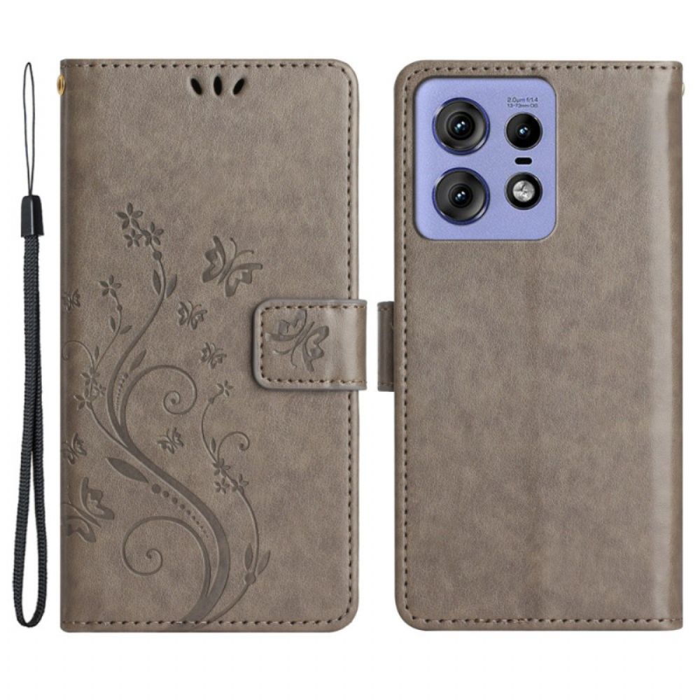 Leren Hoesje Voor Motorola Edge 50 Pro Vlinders En Bloemen Met Riem