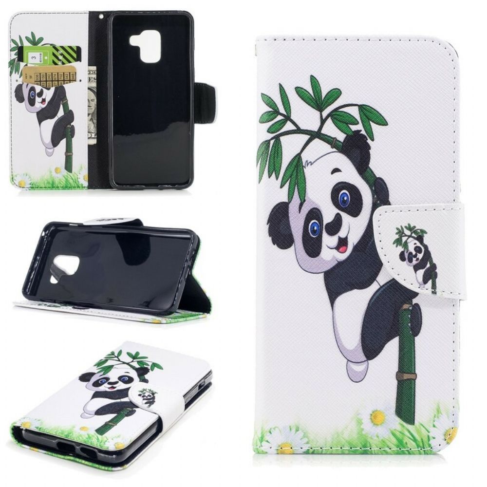 Leren Hoesje voor Samsung Galaxy A8 2018 Panda Op Bamboe