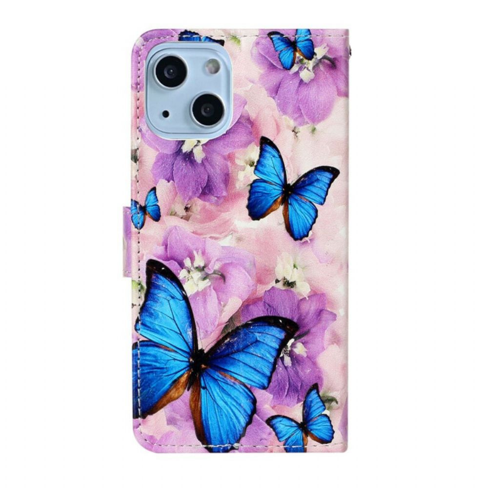 Folio-hoesje voor iPhone 13 Mini Blauwe Vlinders In Bloemen