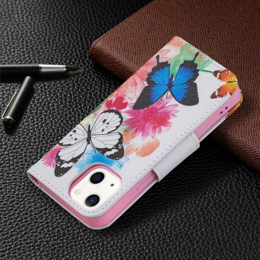 Folio-hoesje voor iPhone 13 Mini Geschilderde Vlinders En Bloemen