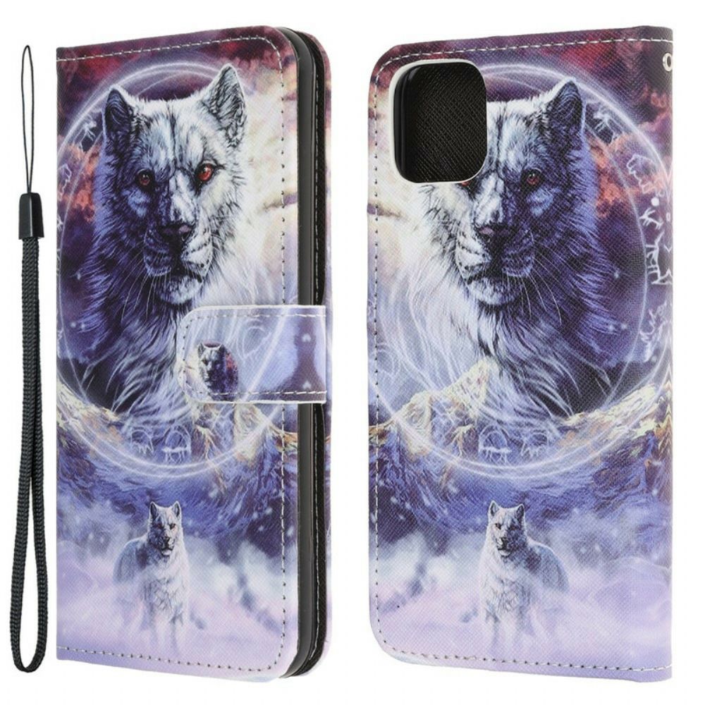 Folio-hoesje voor iPhone 13 Mini Winterwolf Met Koord