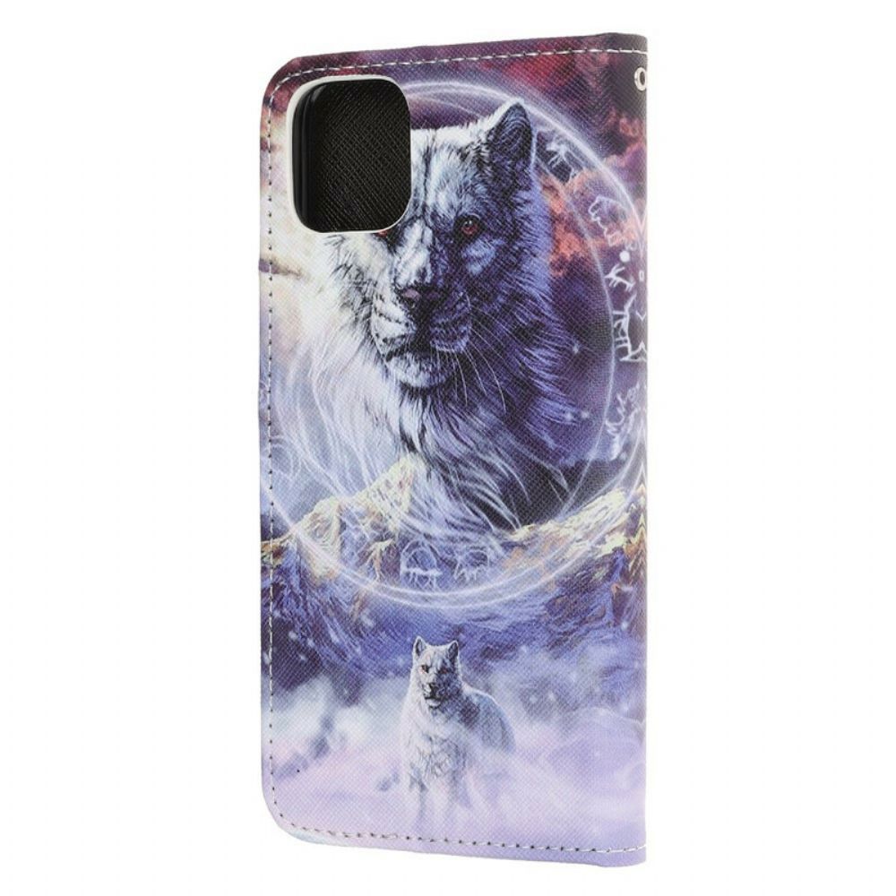 Folio-hoesje voor iPhone 13 Mini Winterwolf Met Koord