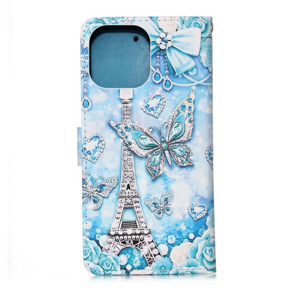 Leren Hoesje voor iPhone 13 Mini Met Ketting Eiffeltoren Vlinders Riem