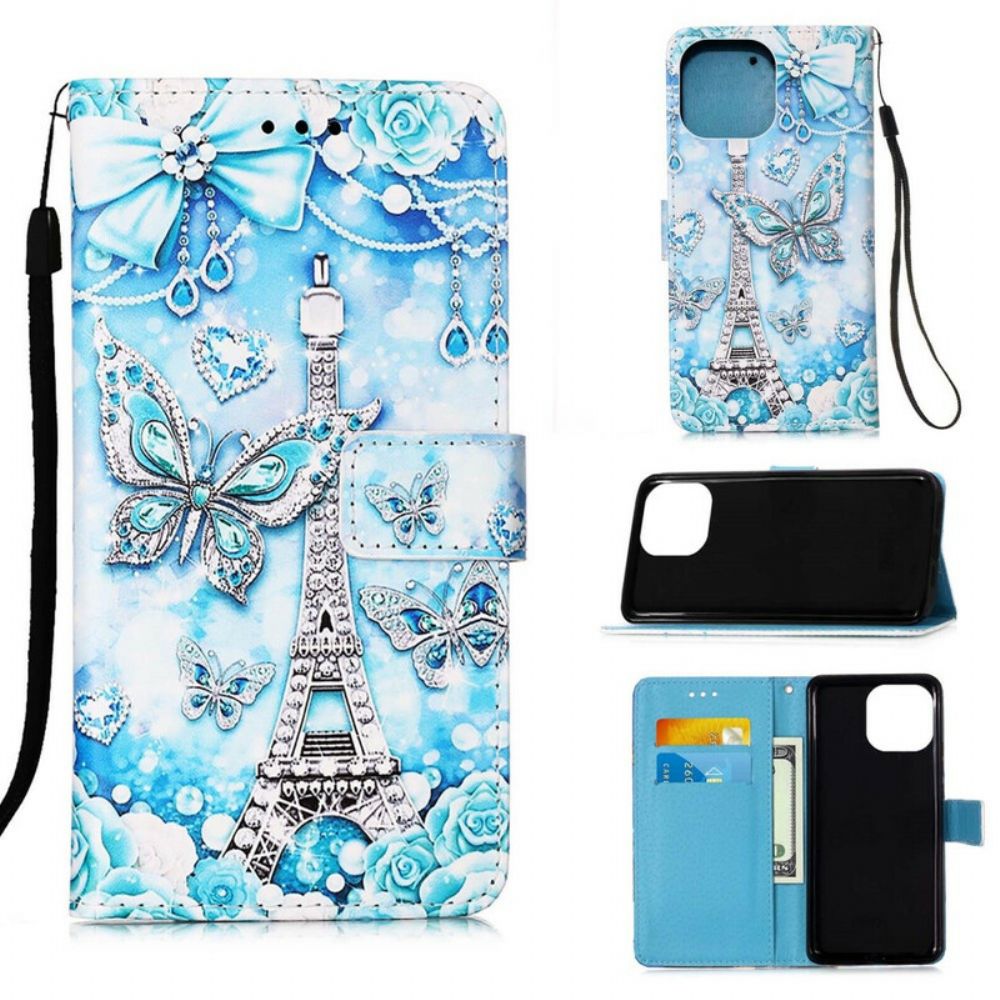 Leren Hoesje voor iPhone 13 Mini Met Ketting Eiffeltoren Vlinders Riem