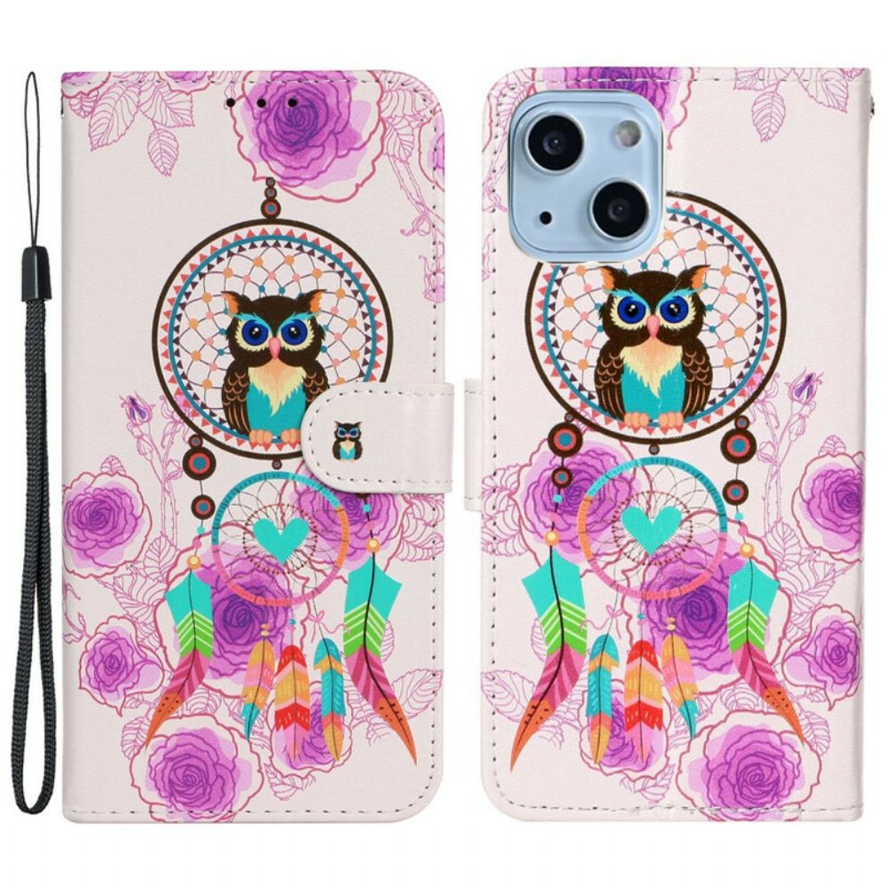 Leren Hoesje voor iPhone 13 Mini Met Ketting Thong Uil Mandala