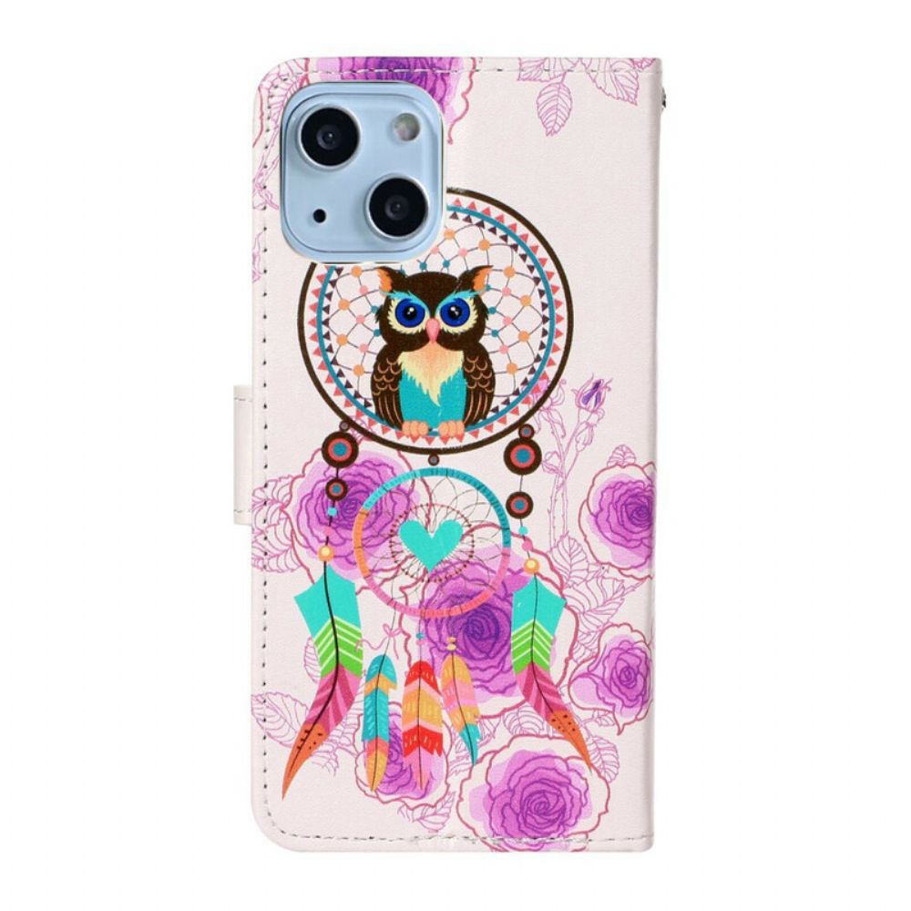 Leren Hoesje voor iPhone 13 Mini Met Ketting Thong Uil Mandala