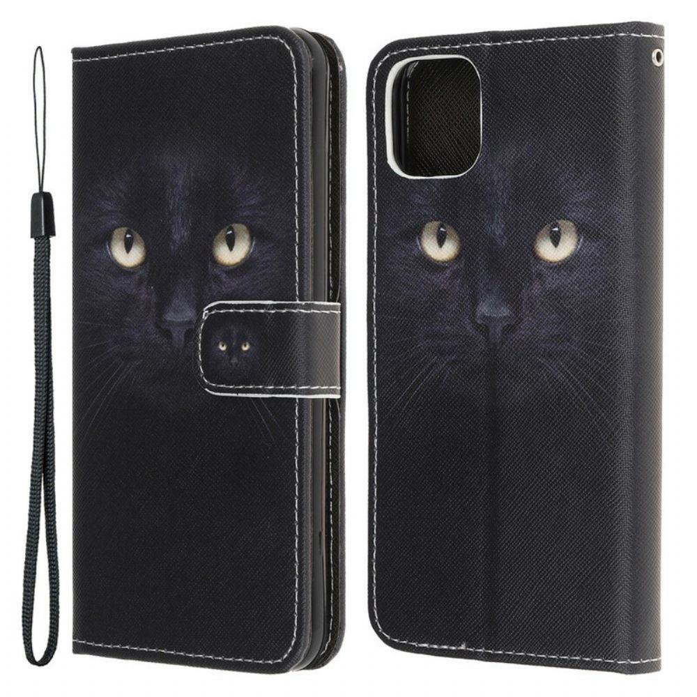 Leren Hoesje voor iPhone 13 Mini Met Ketting Zwarte Kattenogen Met Riem