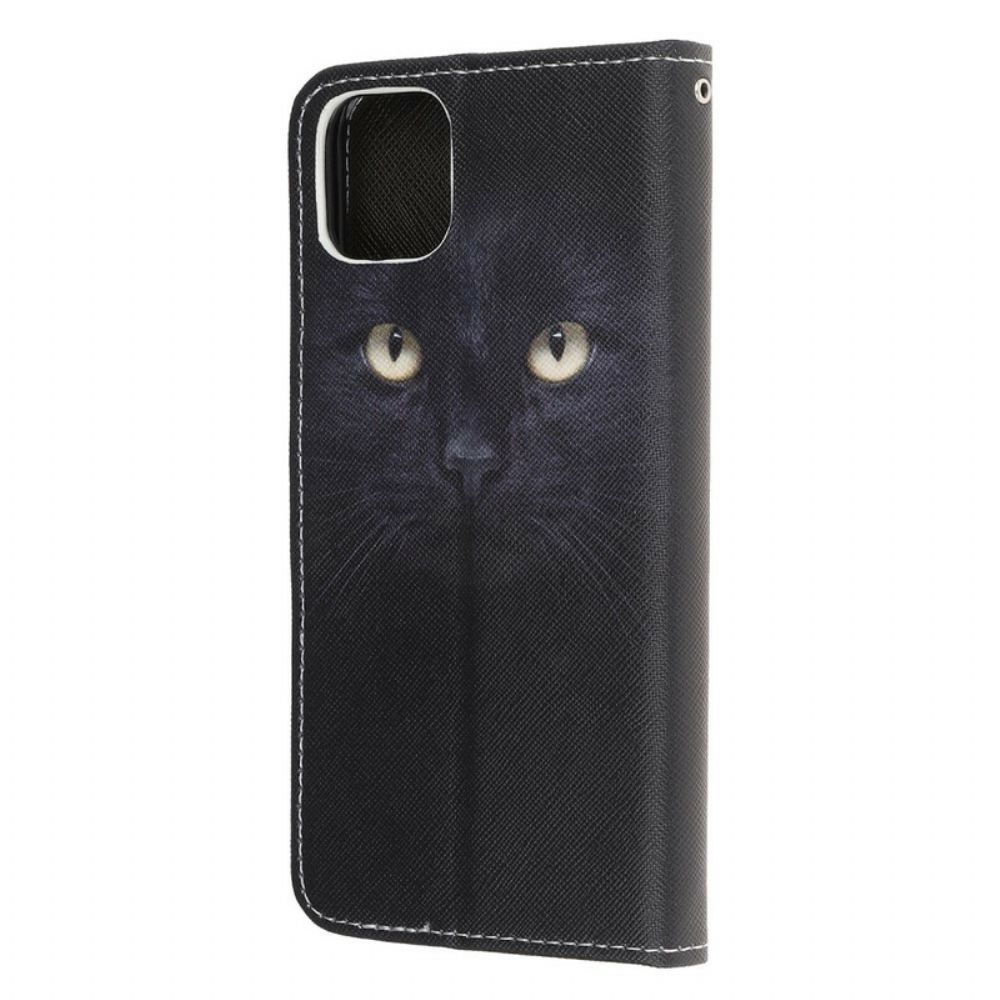 Leren Hoesje voor iPhone 13 Mini Met Ketting Zwarte Kattenogen Met Riem