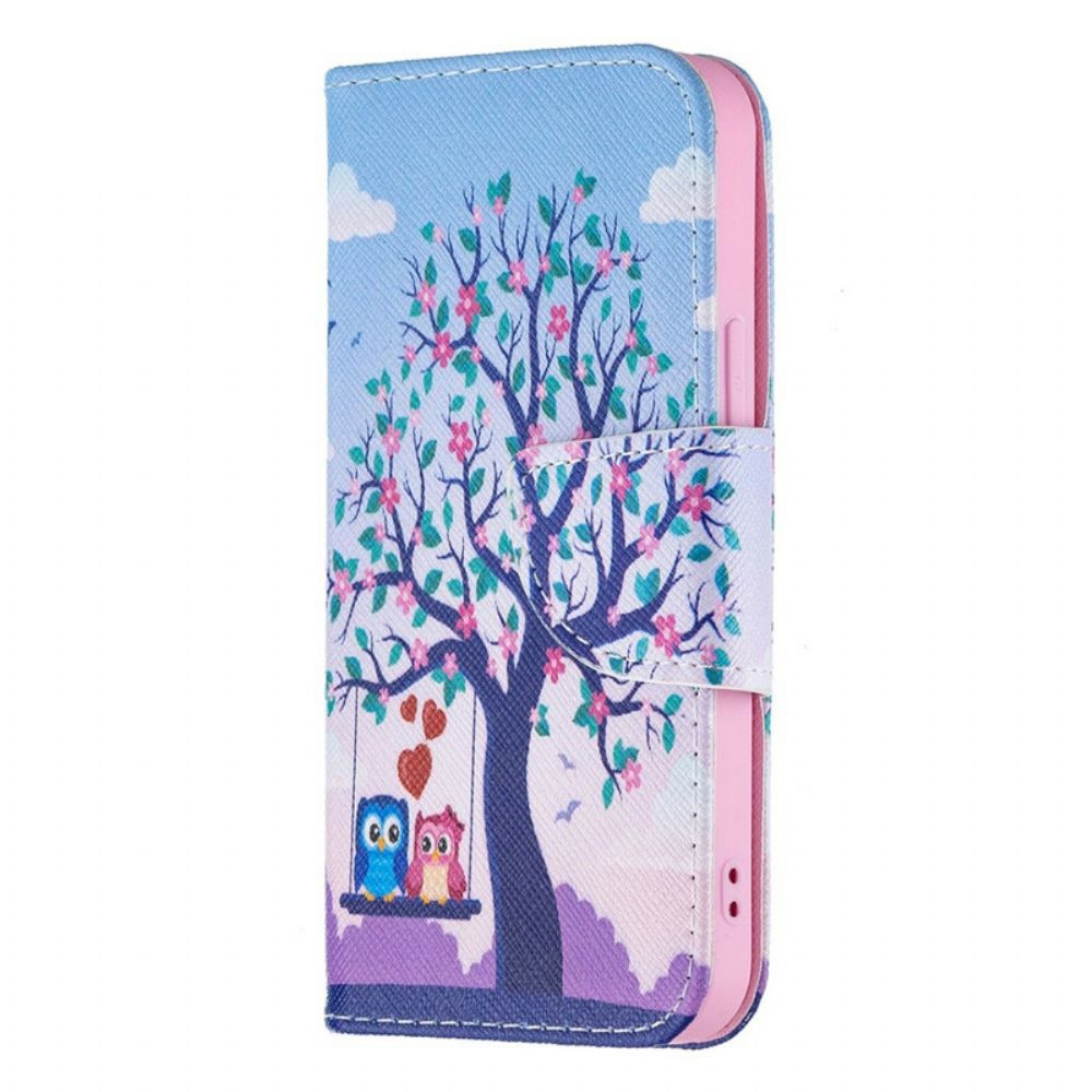 Leren Hoesje voor iPhone 13 Mini Uilen Op De Schommel