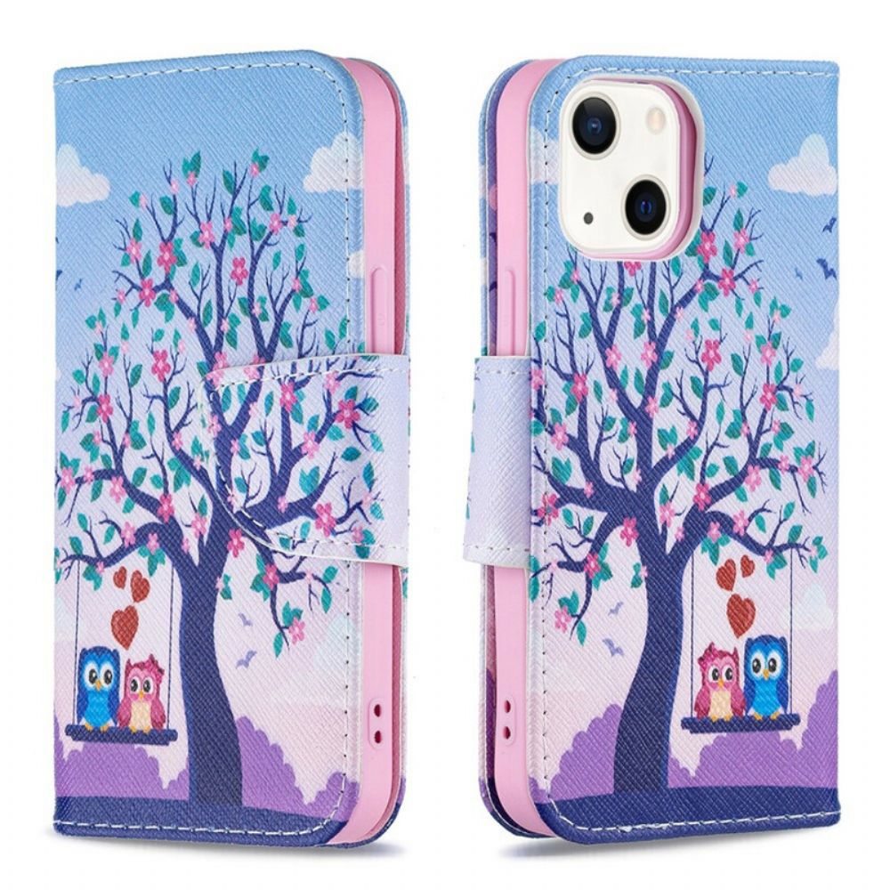 Leren Hoesje voor iPhone 13 Mini Uilen Op De Schommel