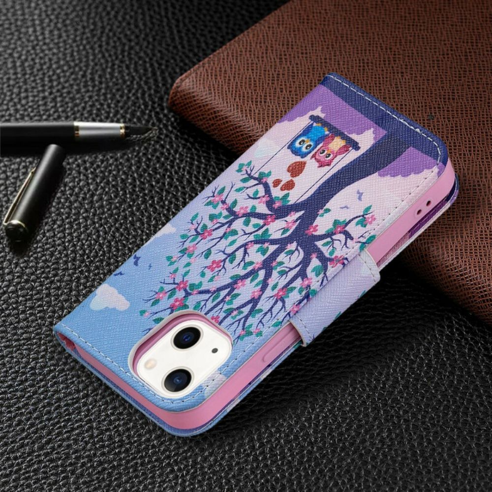 Leren Hoesje voor iPhone 13 Mini Uilen Op De Schommel