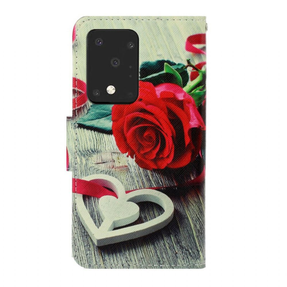 Folio-hoesje voor Samsung Galaxy S20 Ultra Met Ketting Romantische Roos Met Bandjes