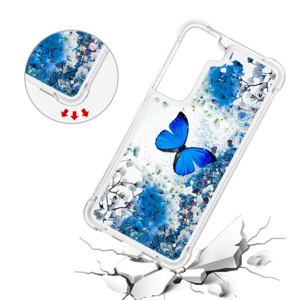 Hoesje voor Samsung Galaxy S22 5G Blauwe Glittervlinders