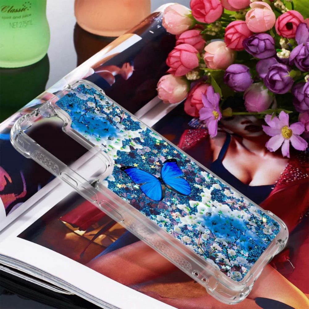 Hoesje voor Samsung Galaxy S22 5G Blauwe Glittervlinders