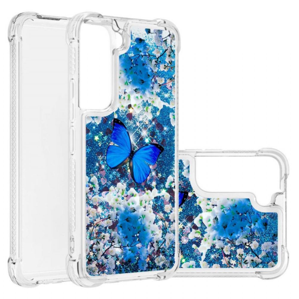 Hoesje voor Samsung Galaxy S22 5G Blauwe Glittervlinders