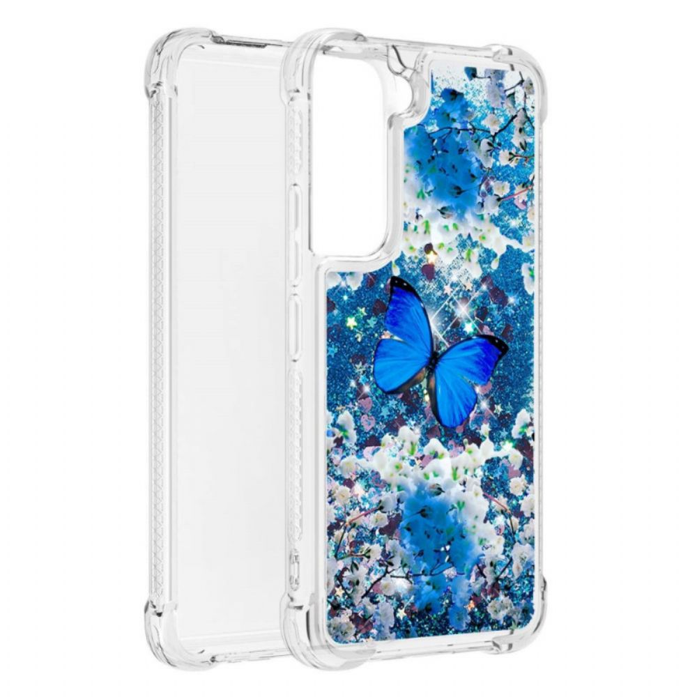 Hoesje voor Samsung Galaxy S22 5G Blauwe Glittervlinders