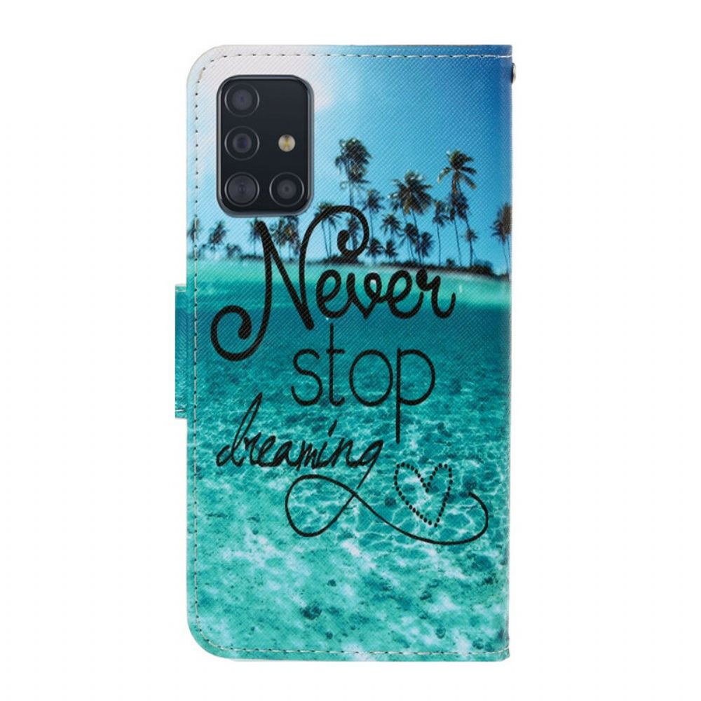 Flip Case voor Samsung Galaxy A71 Met Ketting Stop Nooit Met Dromen Marineblauwe Strappy