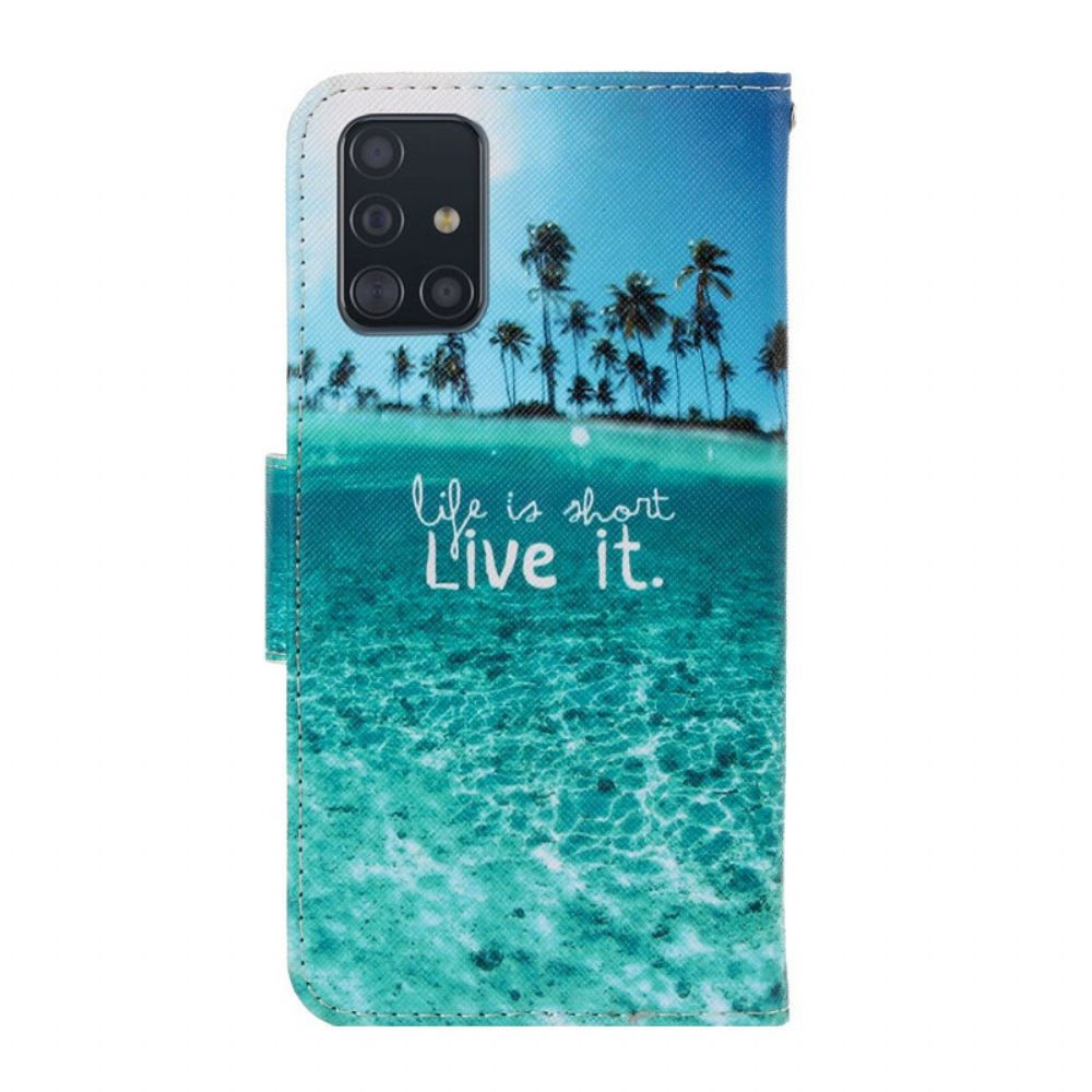 Flip Case voor Samsung Galaxy A71 Met Ketting Stop Nooit Met Dromen Marineblauwe Strappy