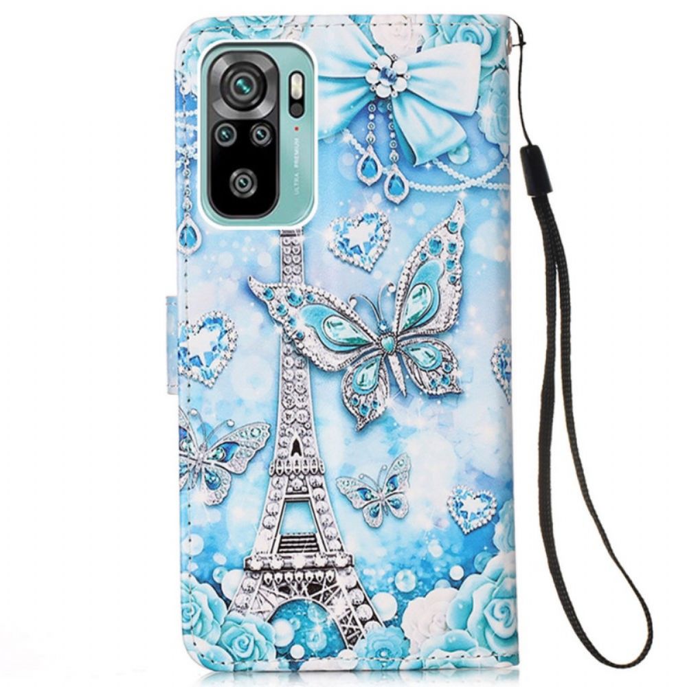 Folio-hoesje voor Samsung Galaxy A53 5G Met Ketting Eiffeltoren Vlinders Met Riem