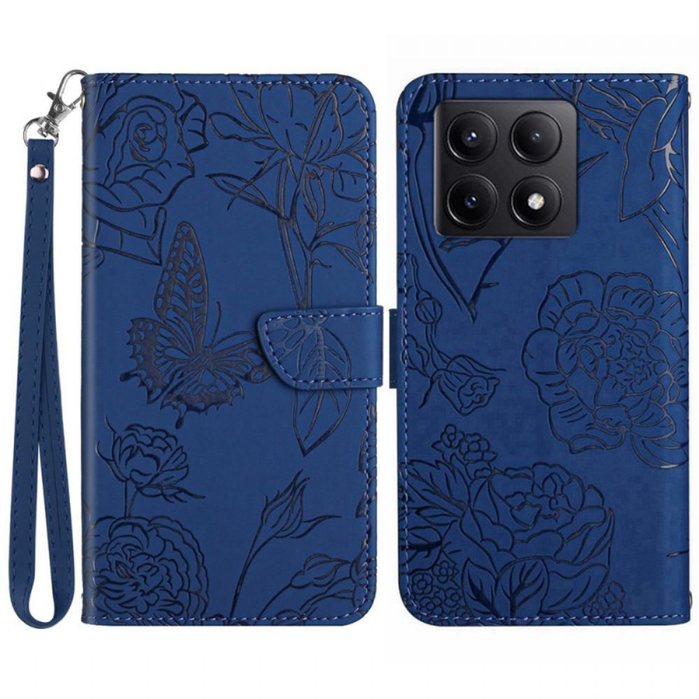 Flip Case Leren Xiaomi 14t Pro Vlinder- En Bloemenpatroon Met Riempje