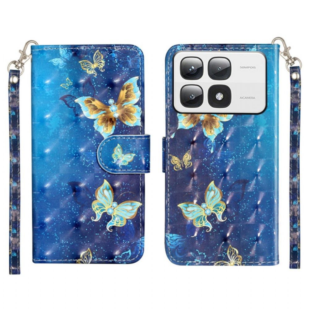 Leren Hoesje Voor Xiaomi 14t Pro Blauwe En Gouden Vlinders Met Riem