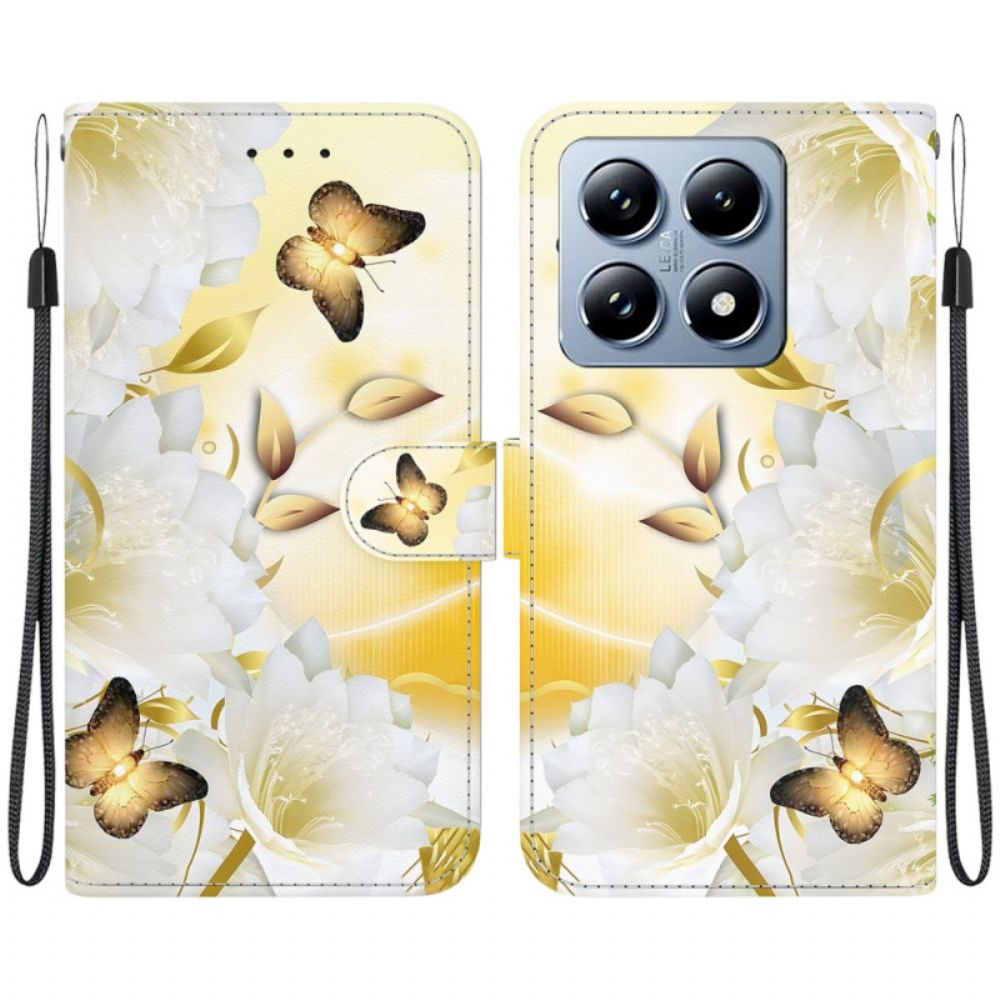 Leren Hoesje Xiaomi 14t Pro Gouden Vlinders En Witte Bloemen