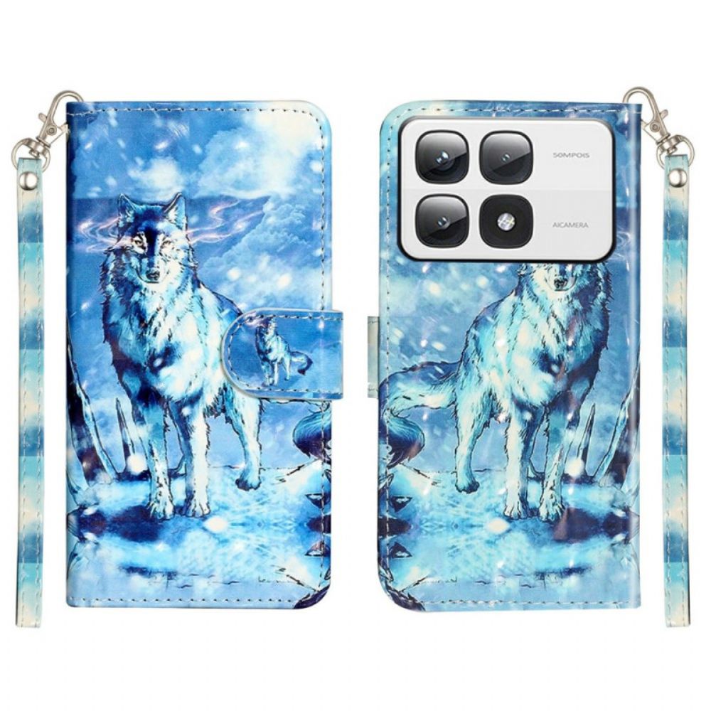 Leren Hoesje Xiaomi 14t Pro Vastgebonden Sneeuwwolf Bescherming Hoesje