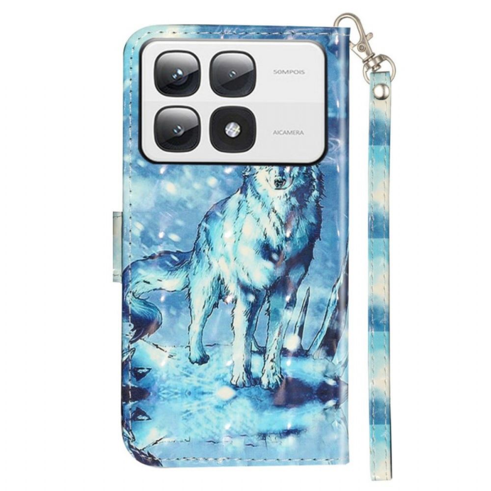 Leren Hoesje Xiaomi 14t Pro Vastgebonden Sneeuwwolf Bescherming Hoesje