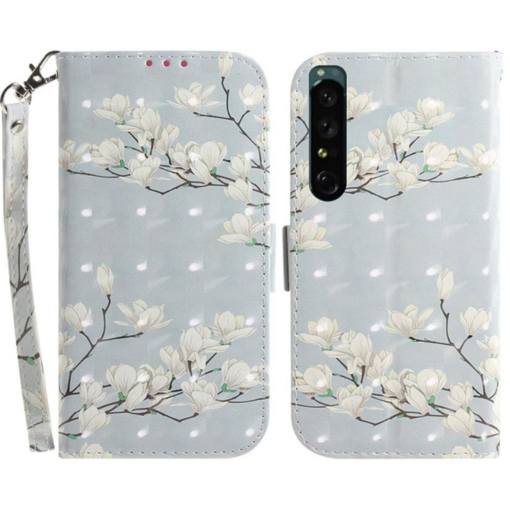 Folio-hoesje voor Sony Xperia 1 IV Met Ketting Witte Band Bloemen