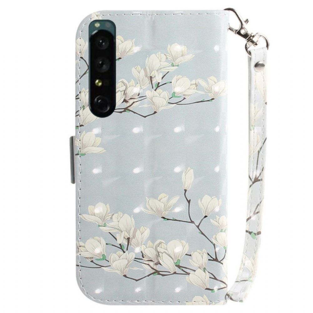 Folio-hoesje voor Sony Xperia 1 IV Met Ketting Witte Band Bloemen