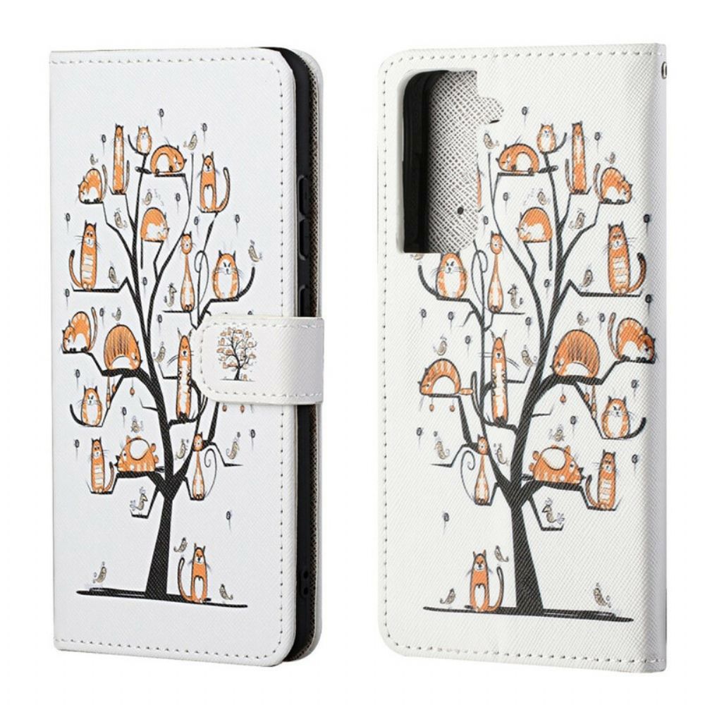 Folio-hoesje voor Samsung Galaxy S21 FE Met Ketting Funky Katten Met Riem