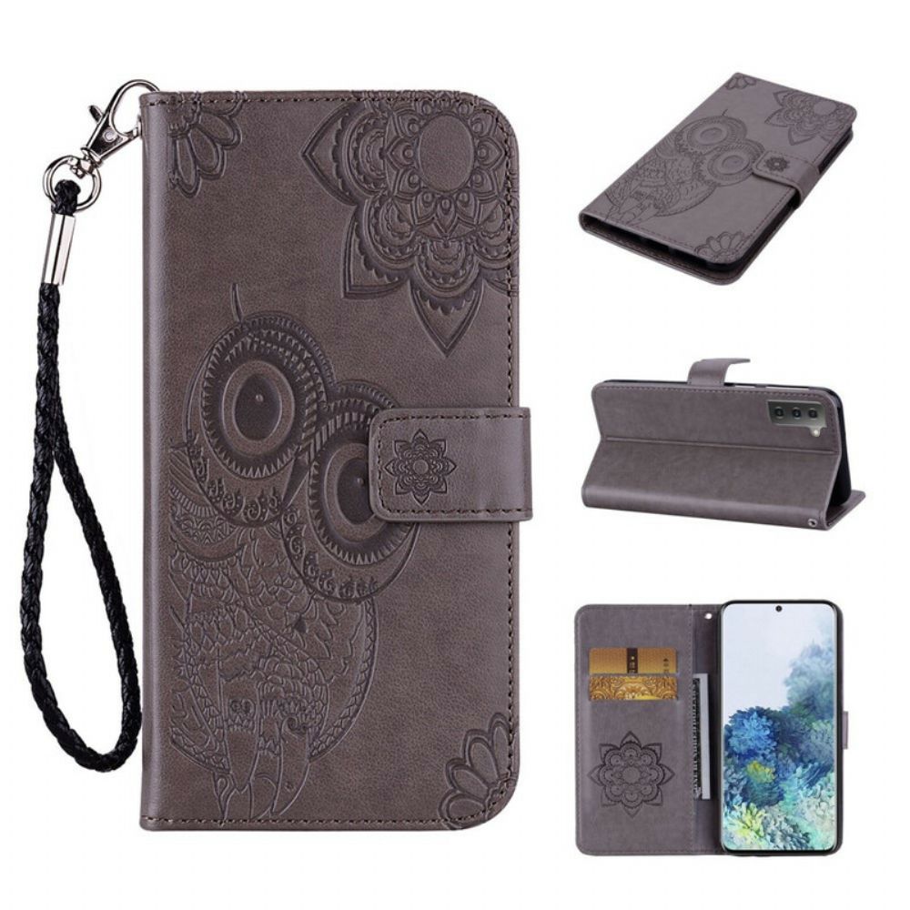 Folio-hoesje voor Samsung Galaxy S21 FE Uil Mandala En Lanyard