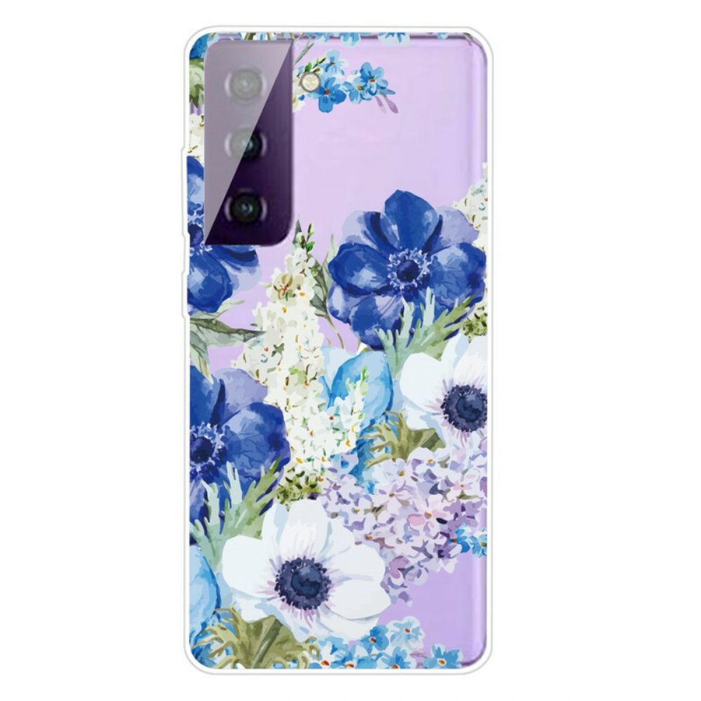 Hoesje voor Samsung Galaxy S21 FE Aquarel Blauwe Bloemen