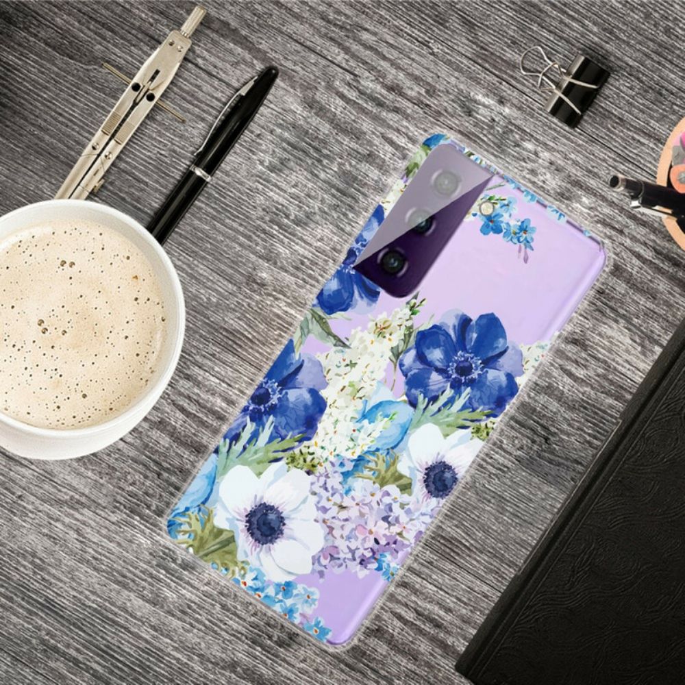 Hoesje voor Samsung Galaxy S21 FE Aquarel Blauwe Bloemen