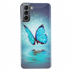 Hoesje voor Samsung Galaxy S21 FE Fluorescerende Blauwe Vlinder