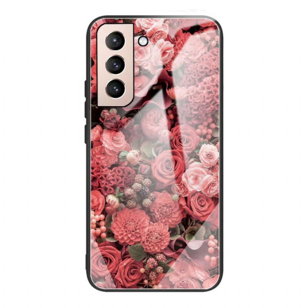 Hoesje voor Samsung Galaxy S21 FE Gehard Glas Roze Bloemen