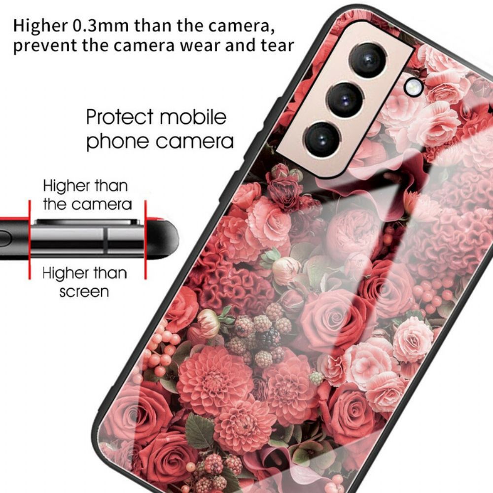 Hoesje voor Samsung Galaxy S21 FE Gehard Glas Roze Bloemen