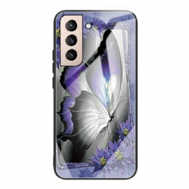 Hoesje voor Samsung Galaxy S21 FE Paarse Vlinder Gehard Glas