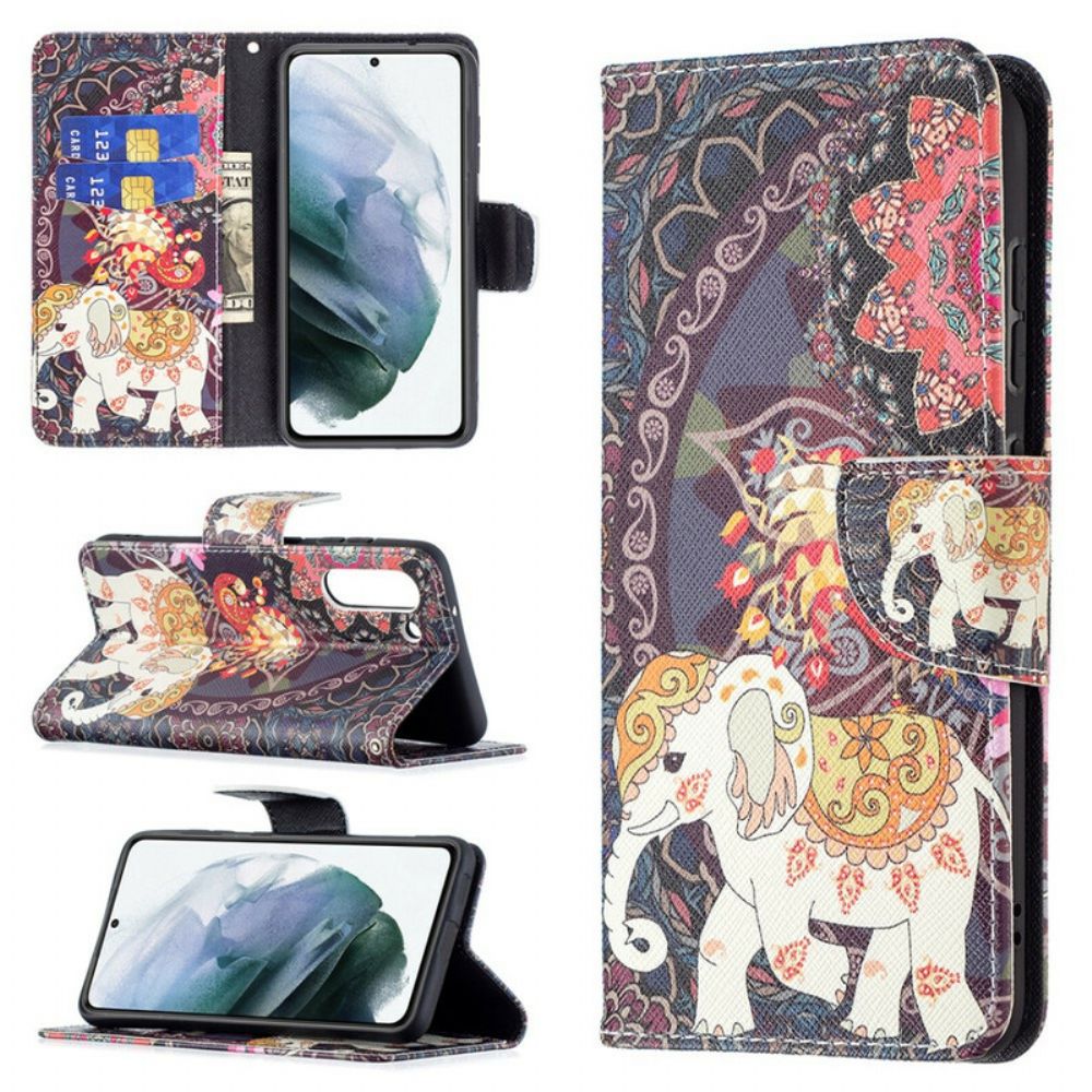 Leren Hoesje voor Samsung Galaxy S21 FE Etnische Olifantenmandala