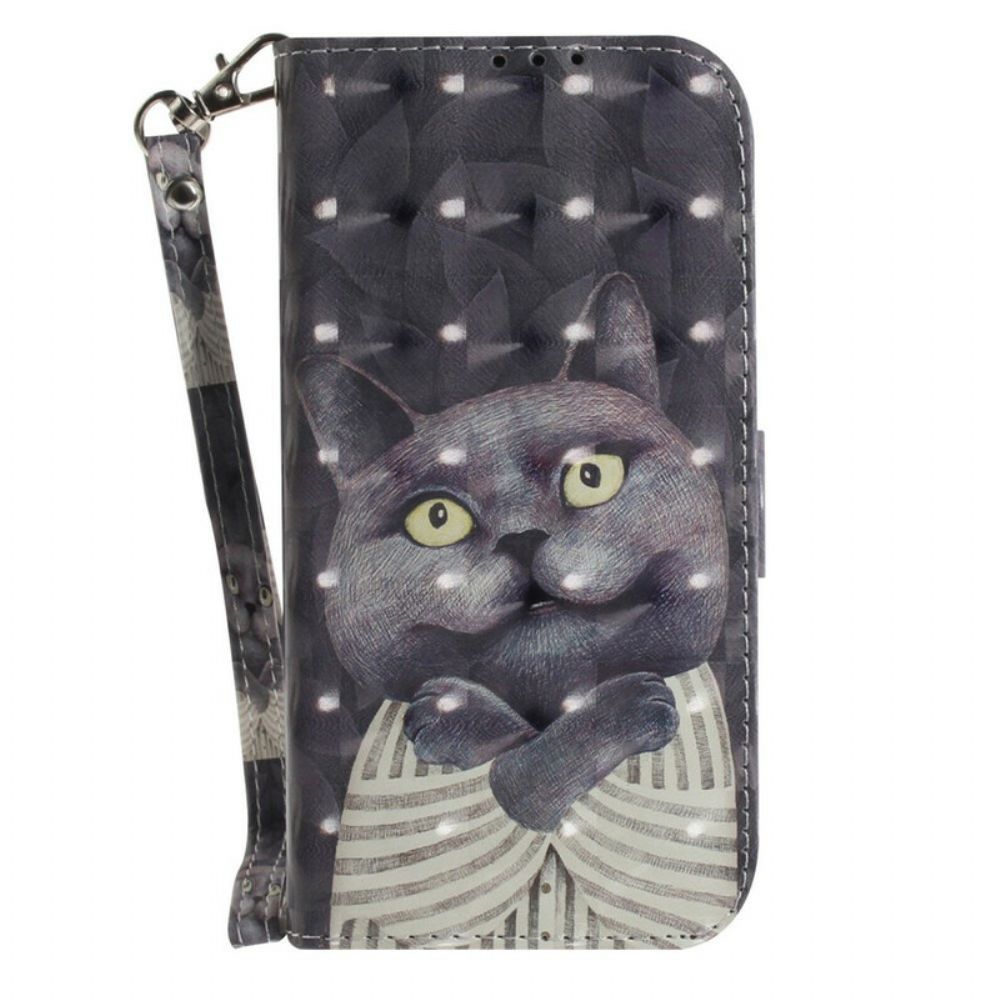 Leren Hoesje voor Samsung Galaxy S21 FE Met Ketting Grijze Kat Met Bandjes