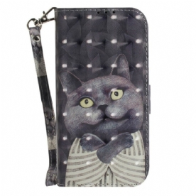 Leren Hoesje voor Samsung Galaxy S21 FE Met Ketting Grijze Kat Met Bandjes