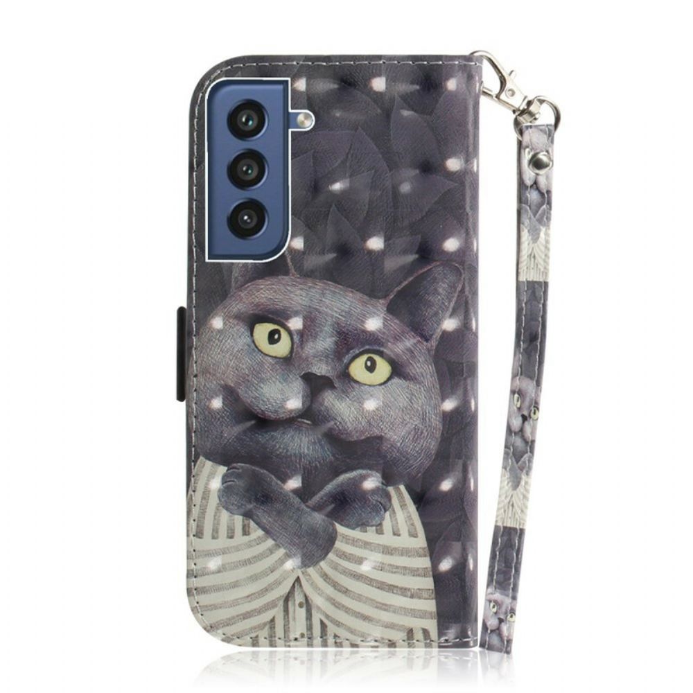 Leren Hoesje voor Samsung Galaxy S21 FE Met Ketting Grijze Kat Met Bandjes