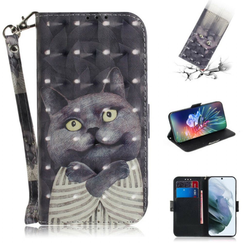 Leren Hoesje voor Samsung Galaxy S21 FE Met Ketting Grijze Kat Met Bandjes