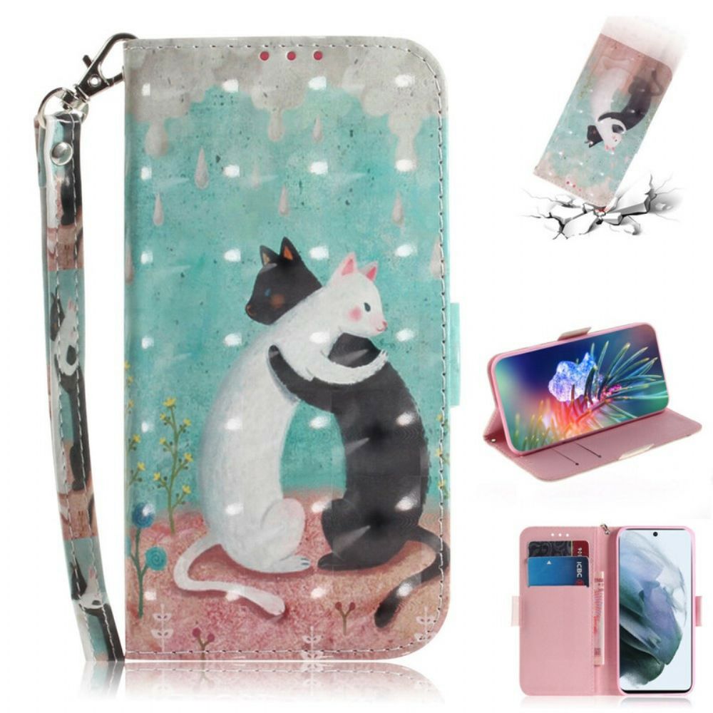 Leren Hoesje voor Samsung Galaxy S21 FE Met Ketting Thong Kat Vrienden