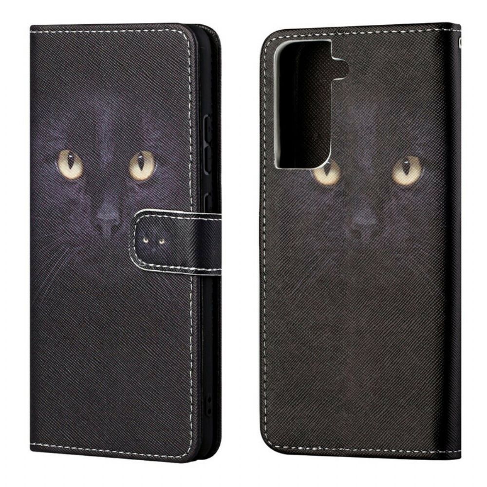 Leren Hoesje voor Samsung Galaxy S21 FE Met Ketting Zwarte Kattenogen Met Riem