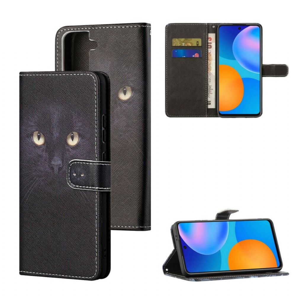 Leren Hoesje voor Samsung Galaxy S21 FE Met Ketting Zwarte Kattenogen Met Riem